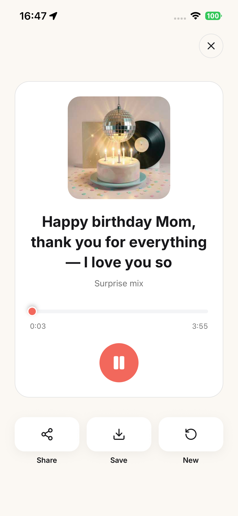 The Songgram player screen playing a generated birthday song